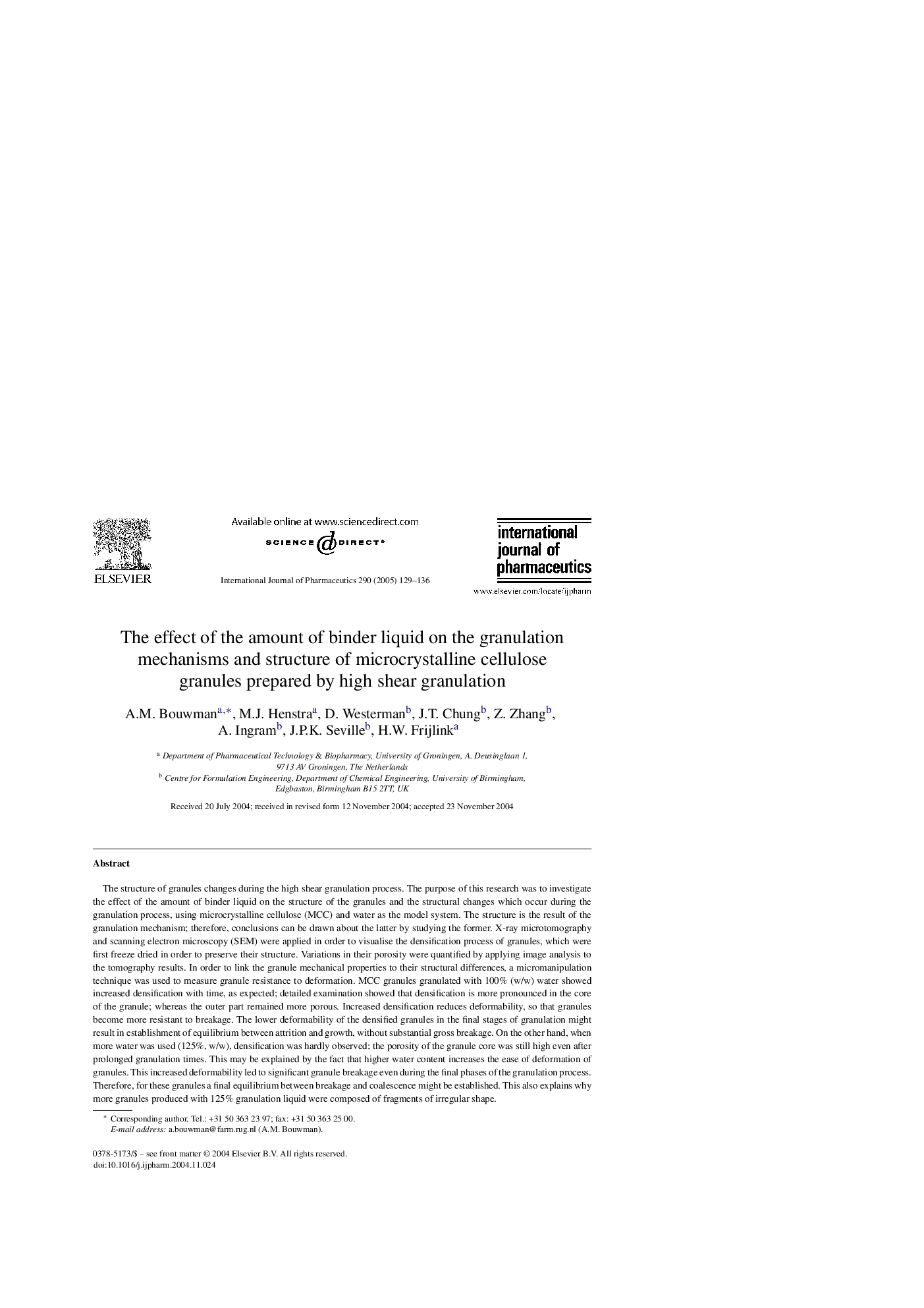 The effect of the amount of binder liquid on the granulation mechanisms and structure of microcrystalline cellulose granules prepared by high shear granulation