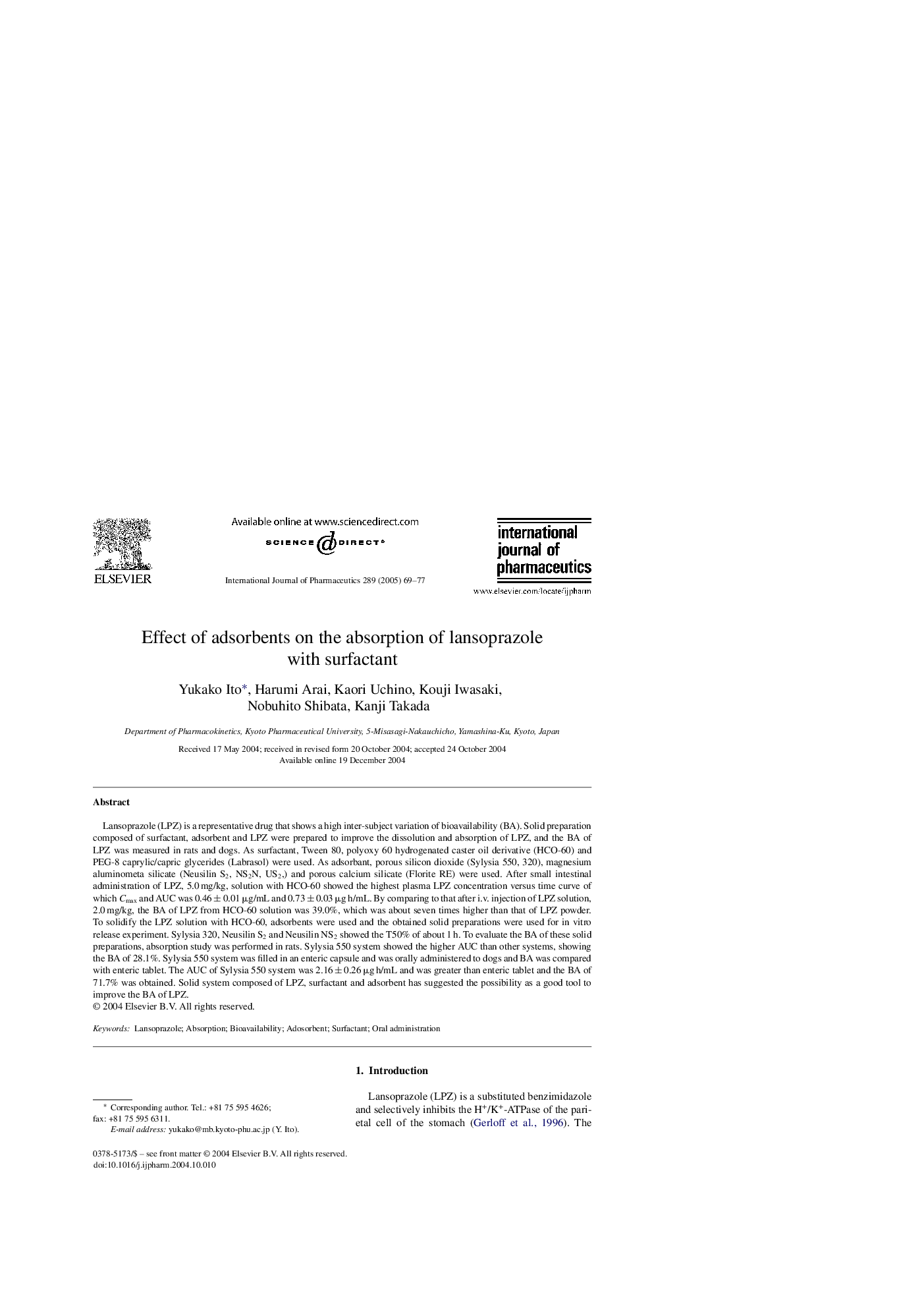 Effect of adsorbents on the absorption of lansoprazole with surfactant