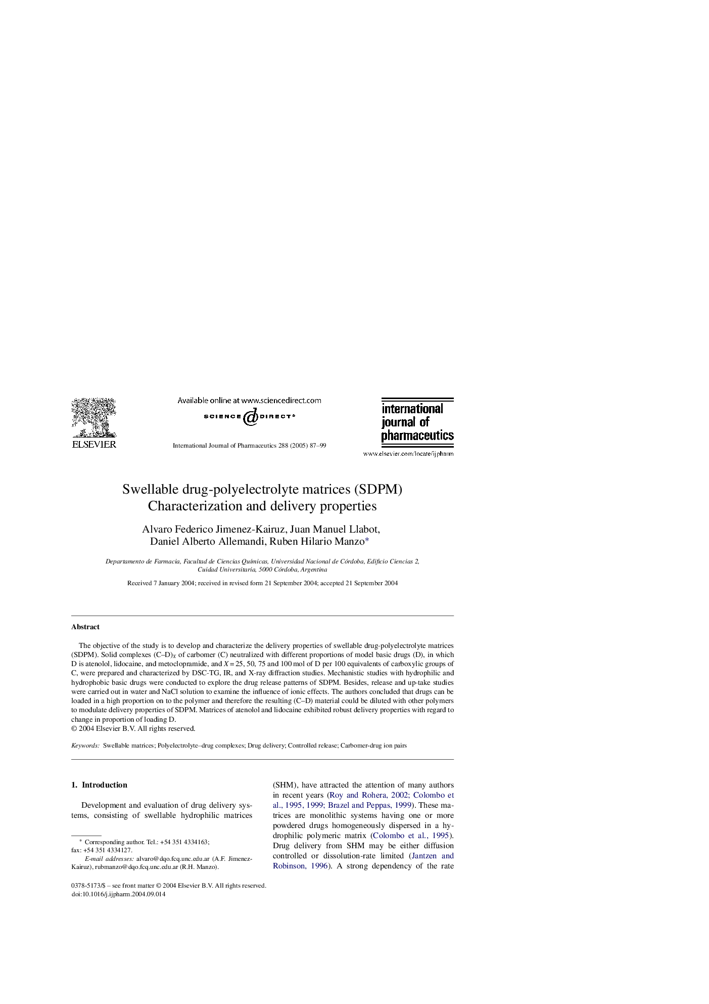 Swellable drug-polyelectrolyte matrices (SDPM)