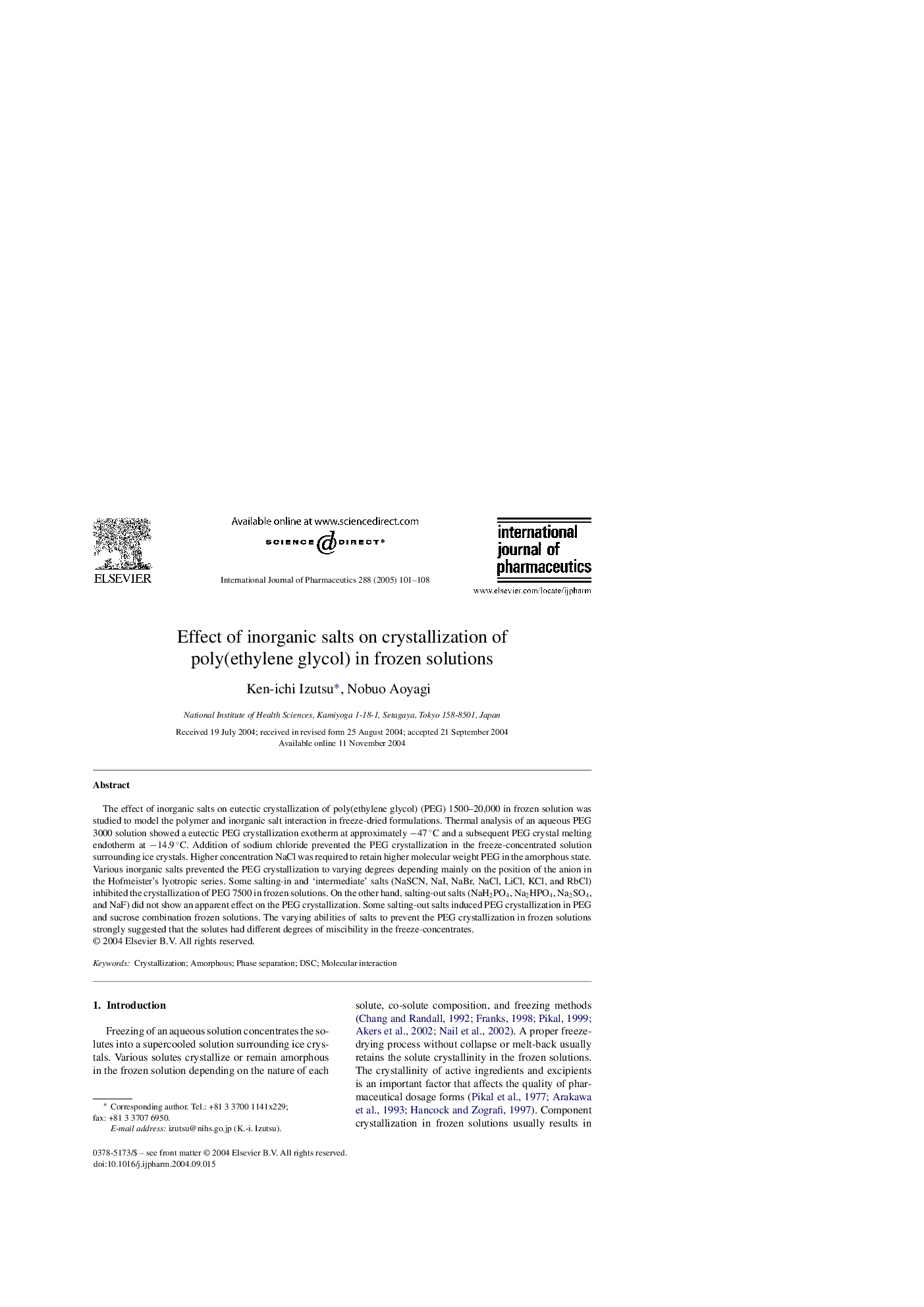 Effect of inorganic salts on crystallization of poly(ethylene glycol) in frozen solutions