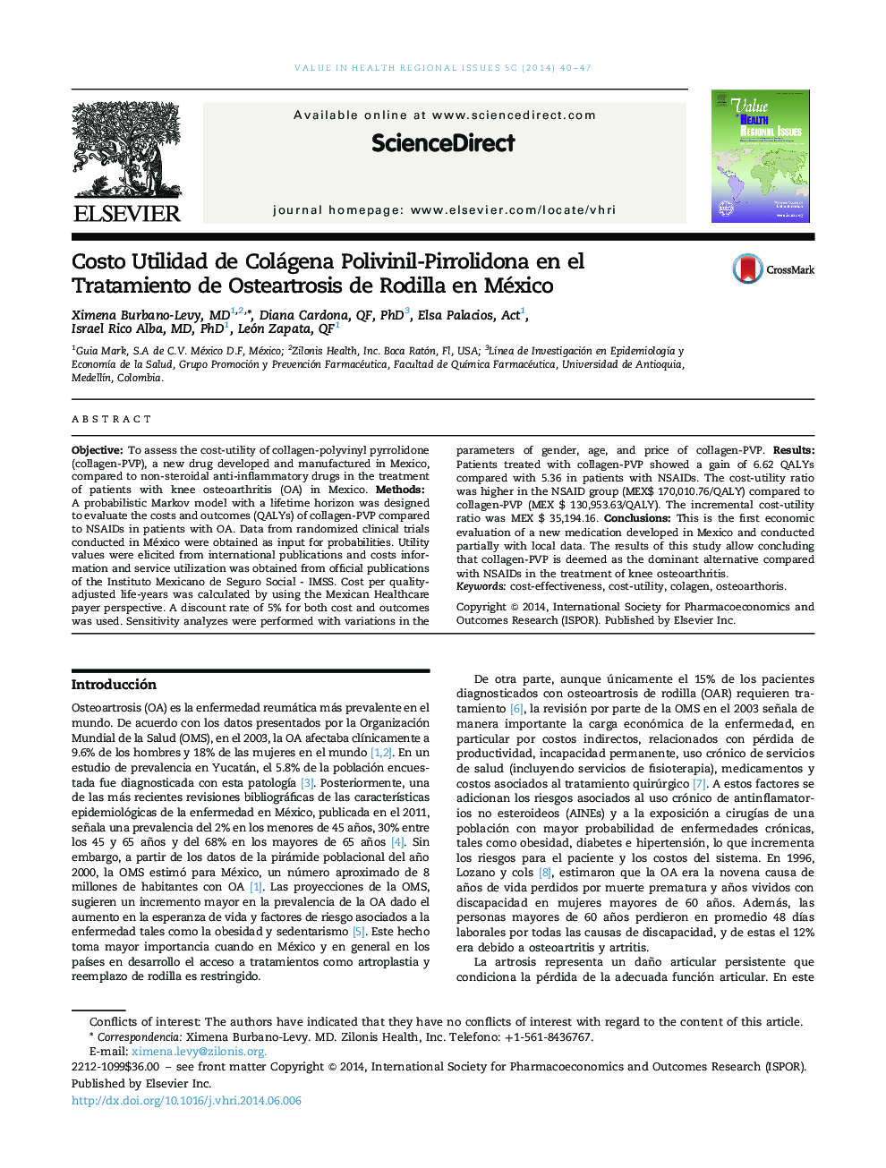 Costo Utilidad de Colágena Polivinil-Pirrolidona en el Tratamiento de Osteartrosis de Rodilla en México 
