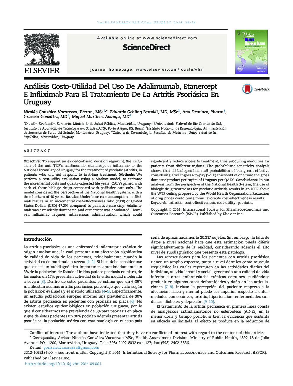 Análisis Costo-Utilidad Del Uso De Adalimumab, Etanercept E Infliximab Para El Tratamiento De La Artritis Psoriásica En Uruguay 