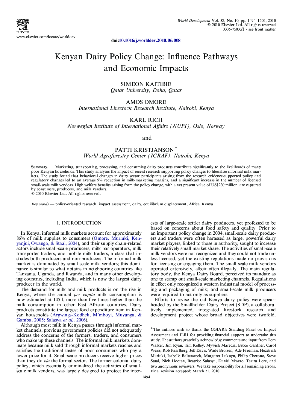 Kenyan Dairy Policy Change: Influence Pathways and Economic Impacts