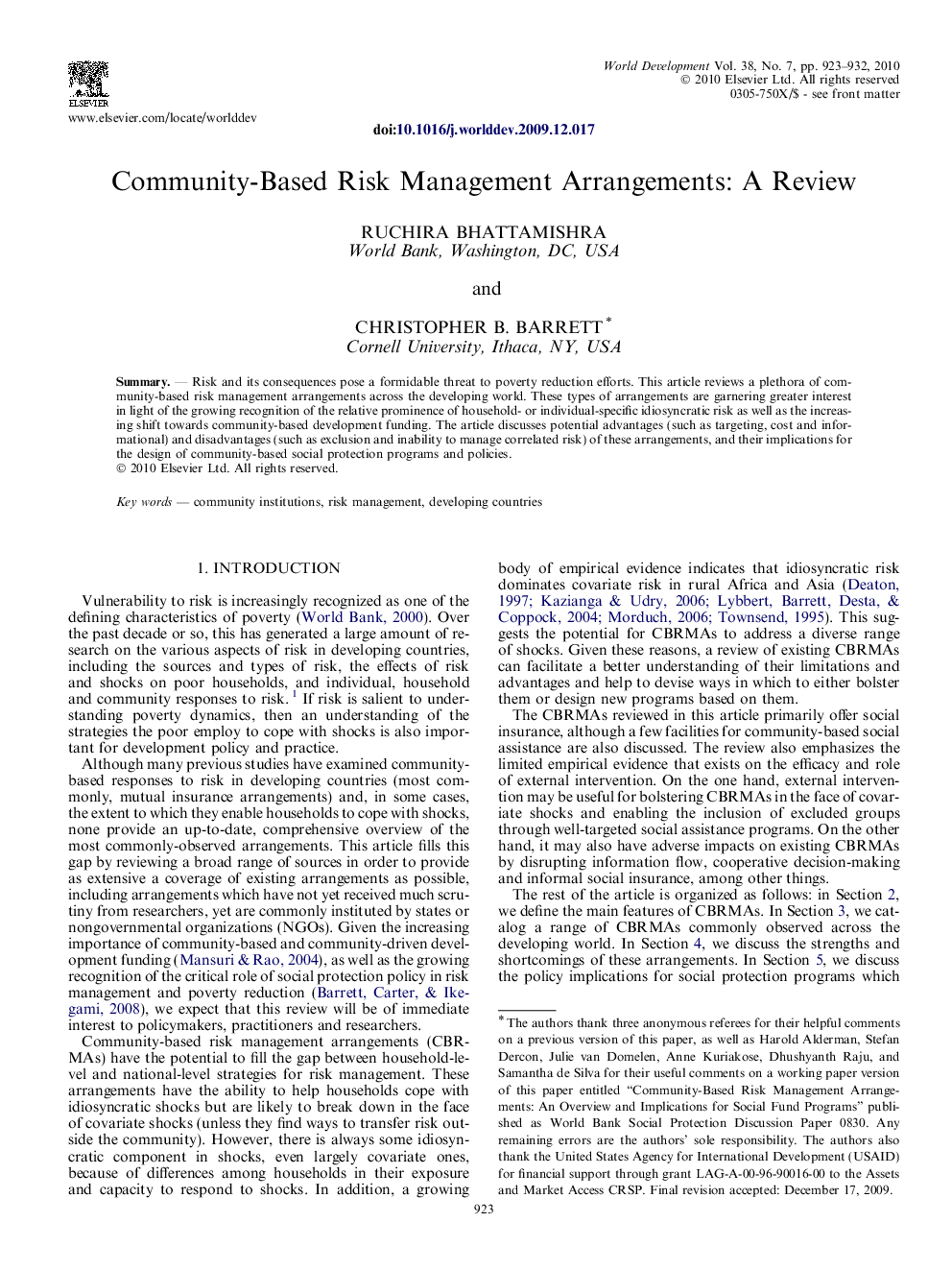 Community-Based Risk Management Arrangements: A Review