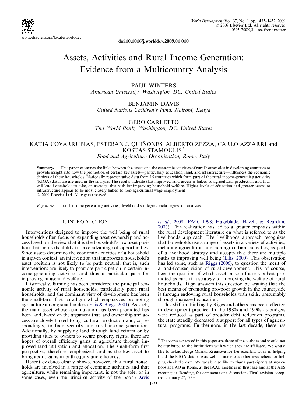 Assets, Activities and Rural Income Generation: Evidence from a Multicountry Analysis