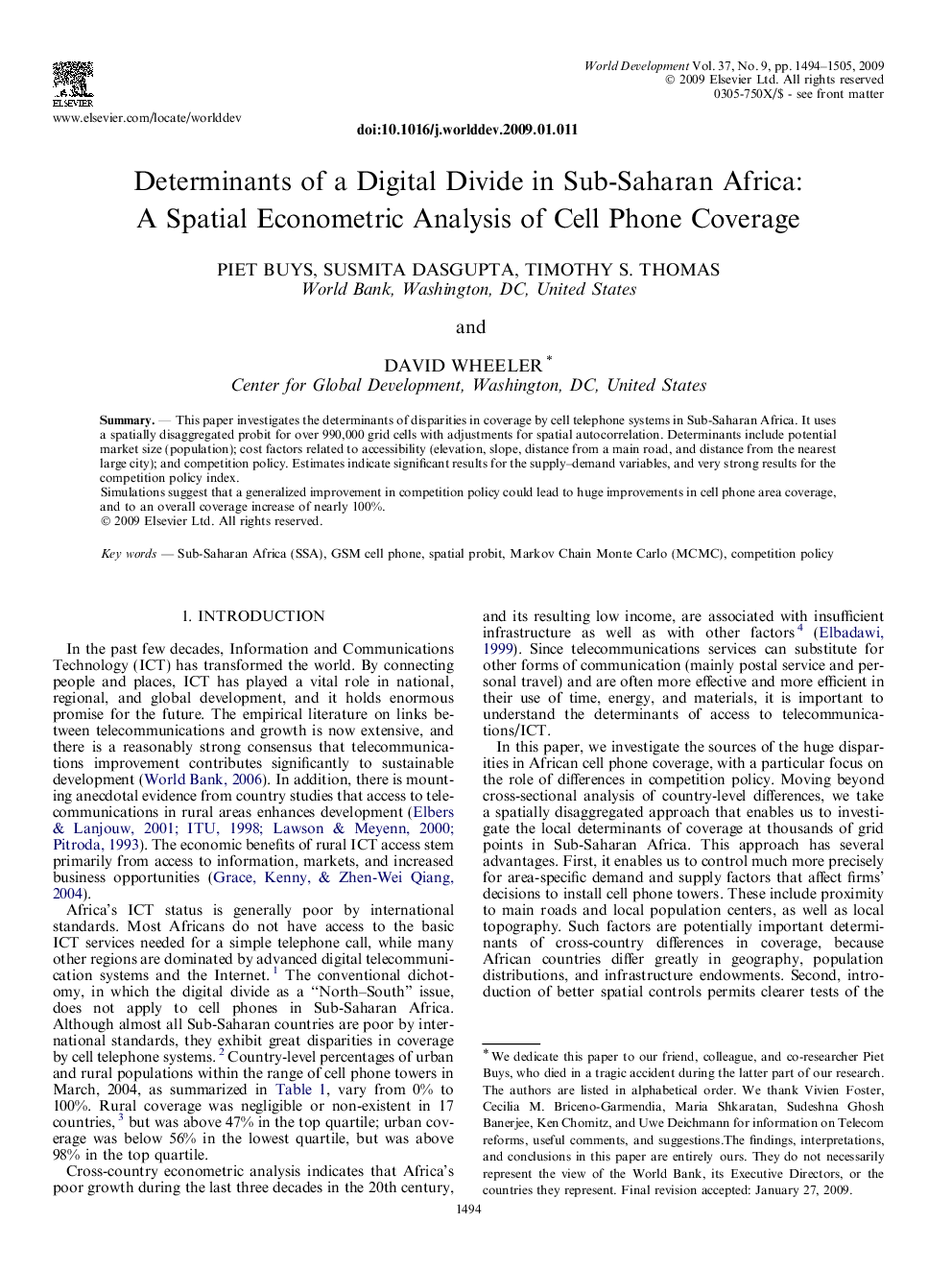 Determinants of a Digital Divide in Sub-Saharan Africa: A Spatial Econometric Analysis of Cell Phone Coverage