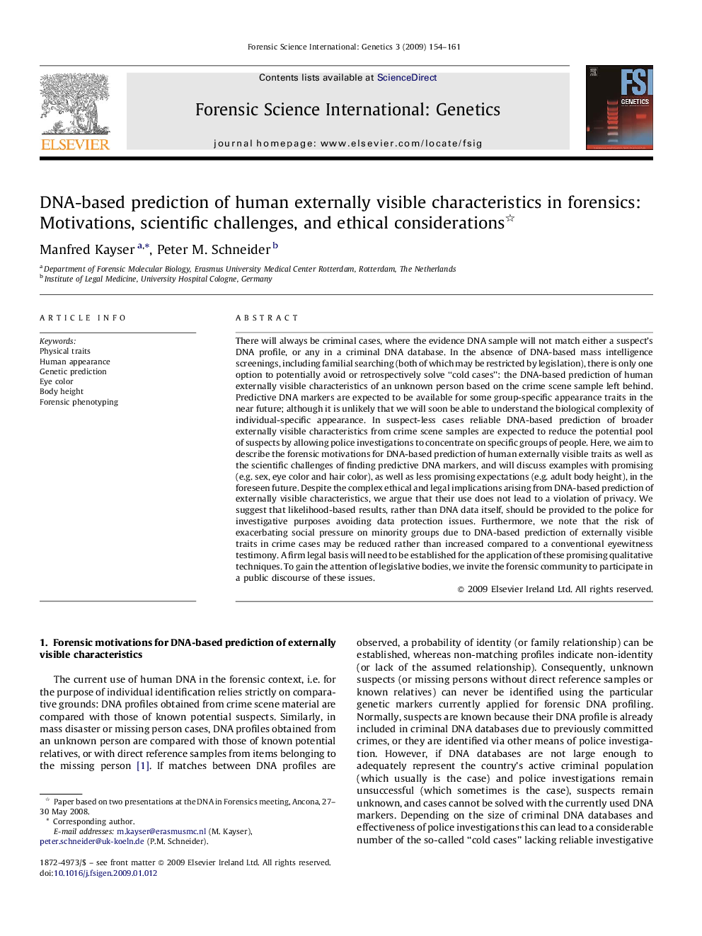 DNA-based prediction of human externally visible characteristics in forensics: Motivations, scientific challenges, and ethical considerations 