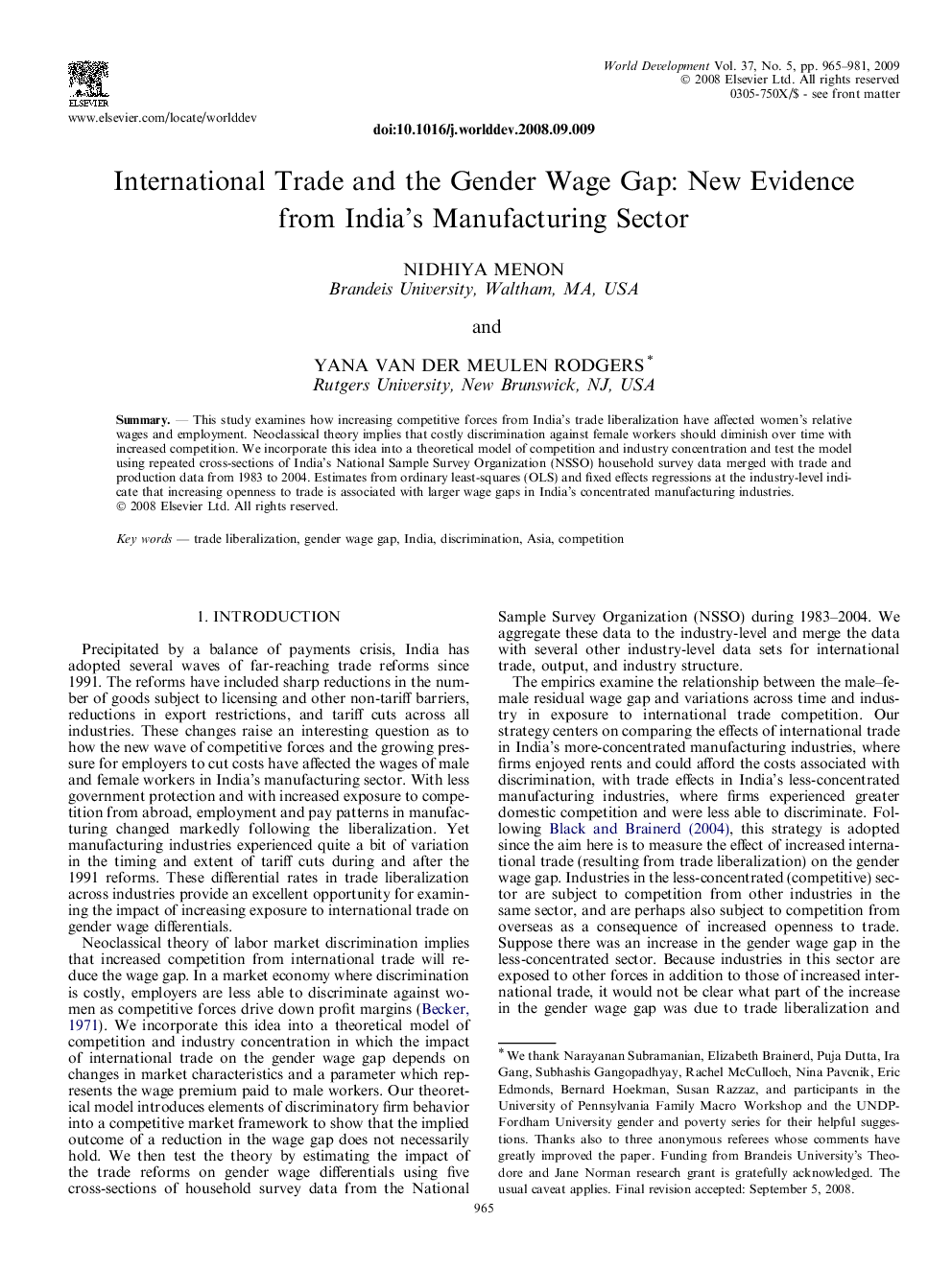 International Trade and the Gender Wage Gap: New Evidence from India’s Manufacturing Sector