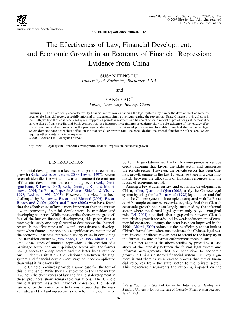 The Effectiveness of Law, Financial Development, and Economic Growth in an Economy of Financial Repression: Evidence from China