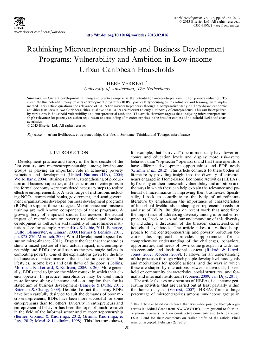 Rethinking Microentrepreneurship and Business Development Programs: Vulnerability and Ambition in Low-income Urban Caribbean Households