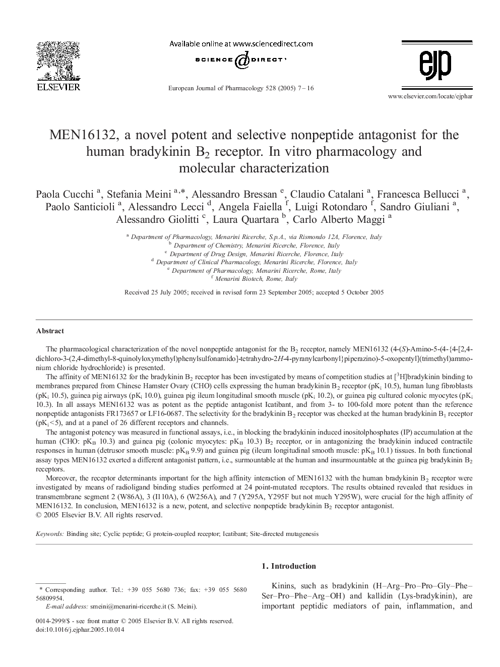 MEN16132, a novel potent and selective nonpeptide antagonist for the human bradykinin B2 receptor. In vitro pharmacology and molecular characterization