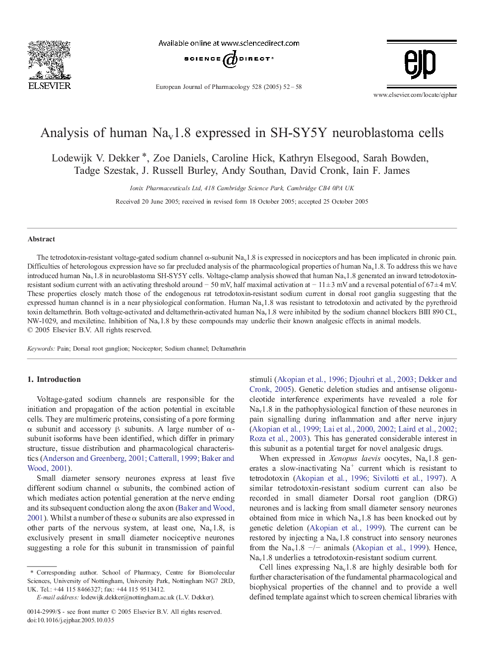 Analysis of human Nav1.8 expressed in SH-SY5Y neuroblastoma cells