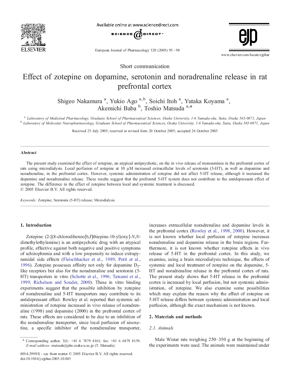 Effect of zotepine on dopamine, serotonin and noradrenaline release in rat prefrontal cortex