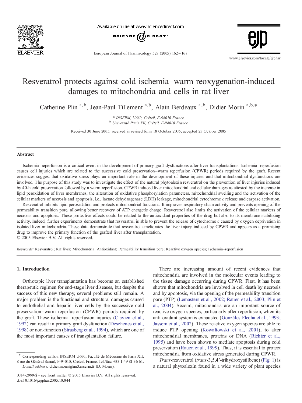 Resveratrol protects against cold ischemia-warm reoxygenation-induced damages to mitochondria and cells in rat liver