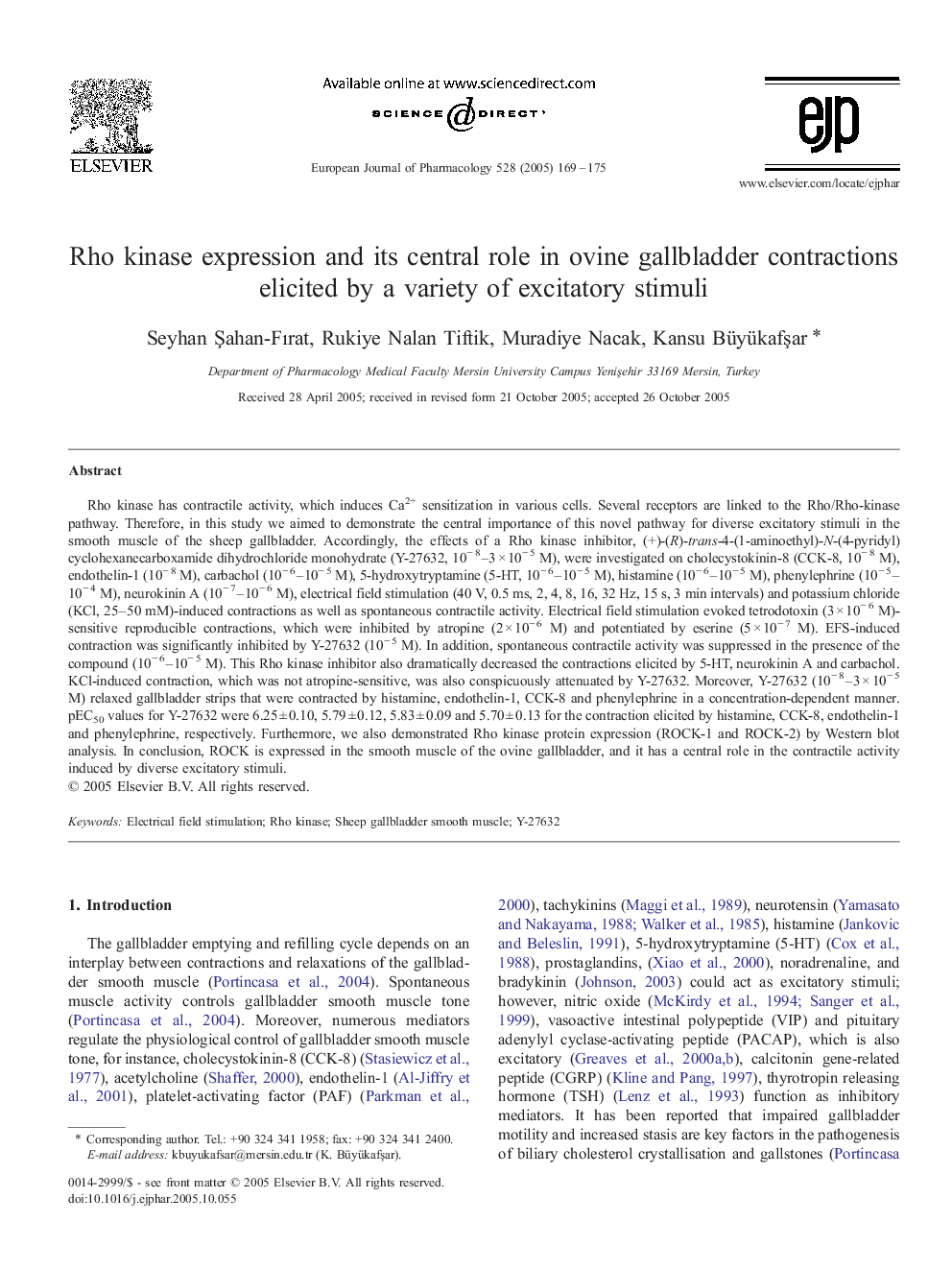 Rho kinase expression and its central role in ovine gallbladder contractions elicited by a variety of excitatory stimuli