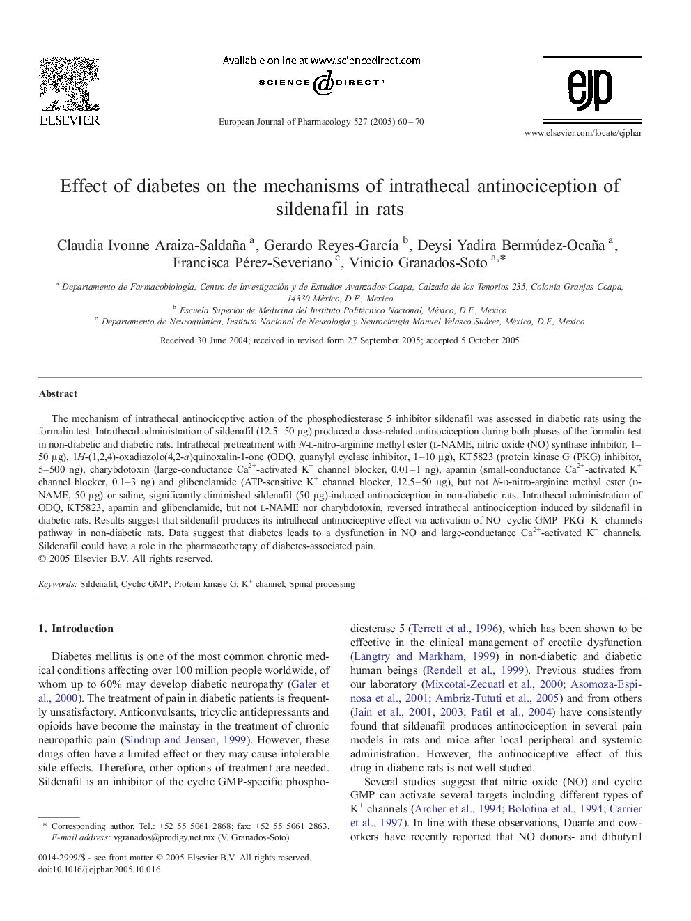 Effect of diabetes on the mechanisms of intrathecal antinociception of sildenafil in rats