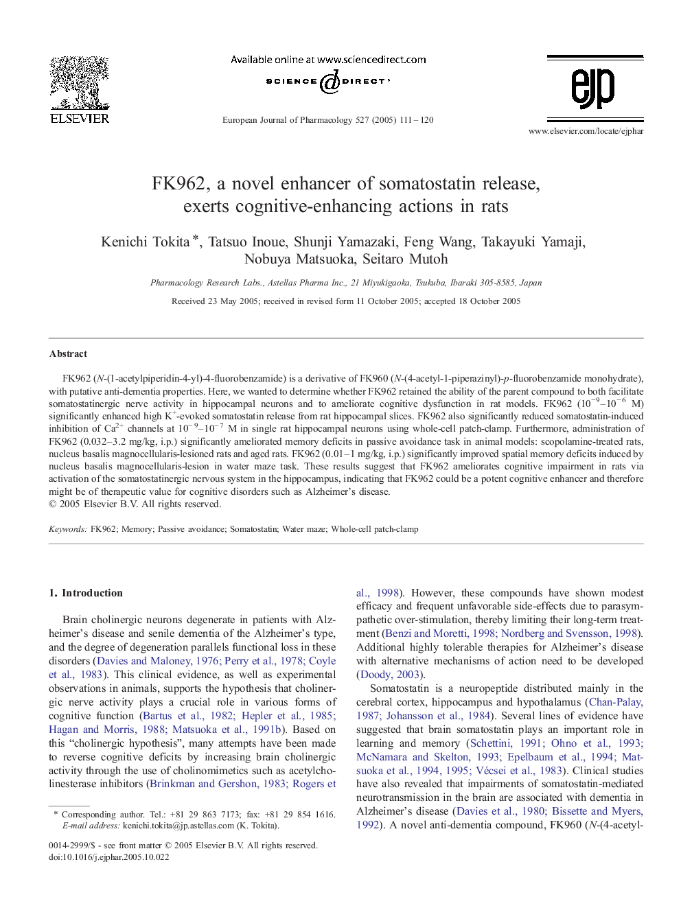 FK962, a novel enhancer of somatostatin release, exerts cognitive-enhancing actions in rats