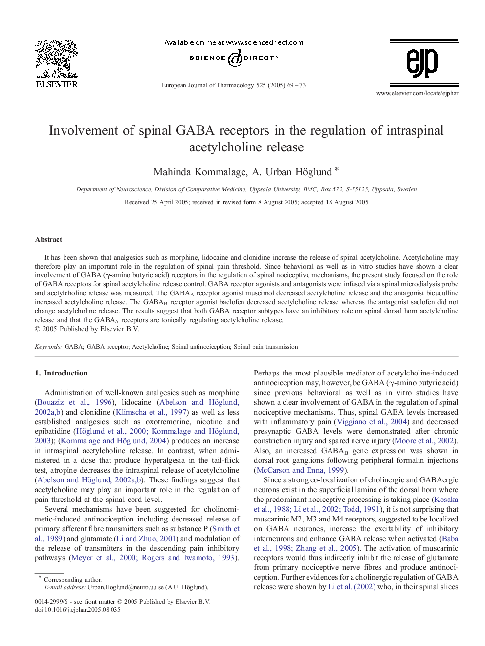 Involvement of spinal GABA receptors in the regulation of intraspinal acetylcholine release