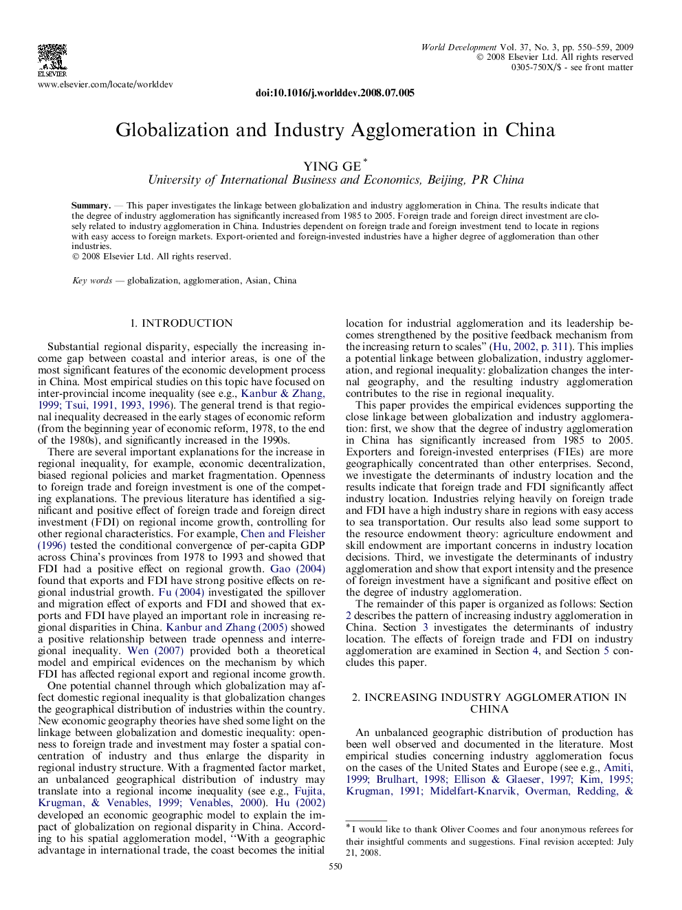 Globalization and Industry Agglomeration in China