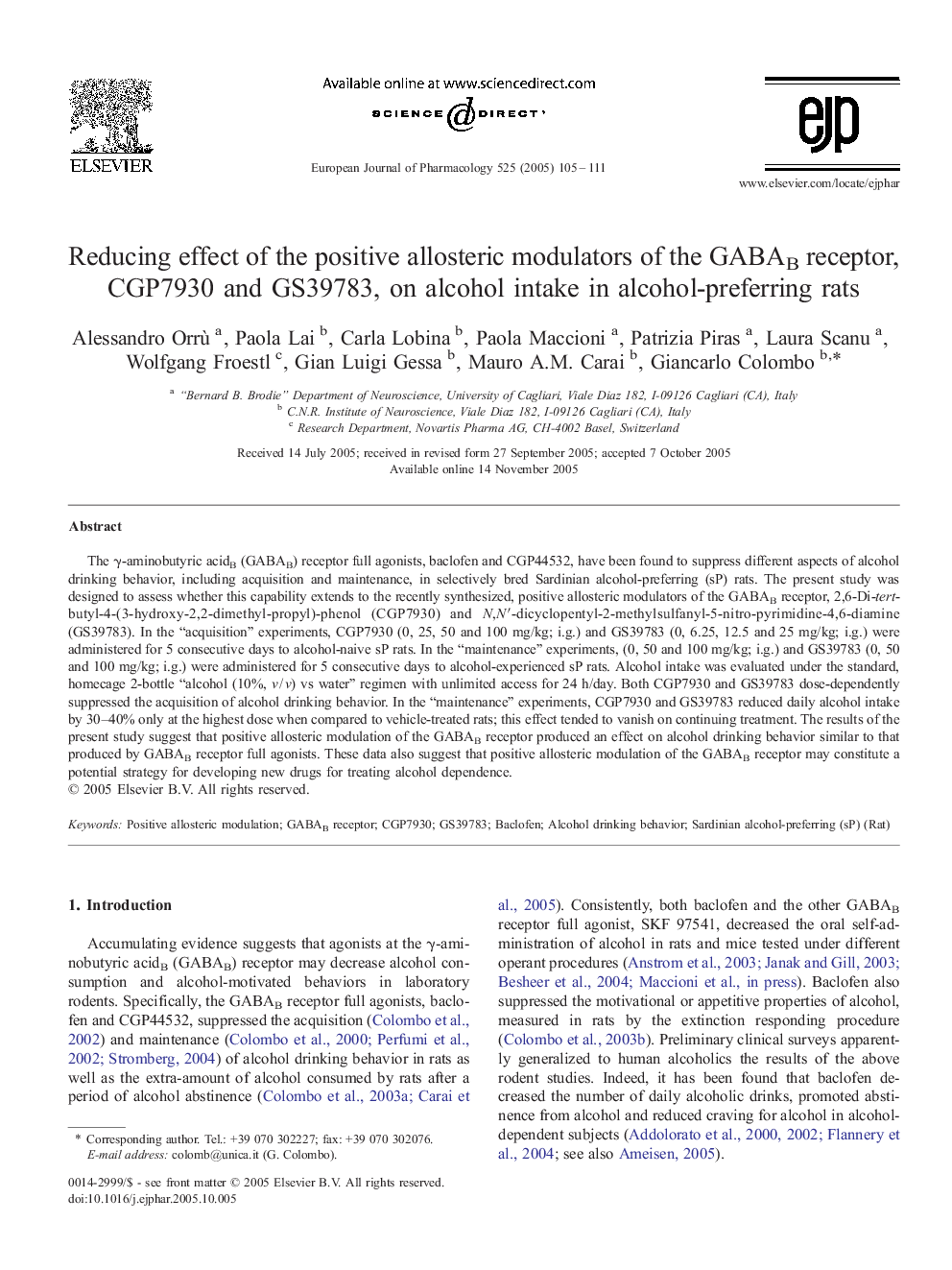 Reducing effect of the positive allosteric modulators of the GABAB receptor, CGP7930 and GS39783, on alcohol intake in alcohol-preferring rats