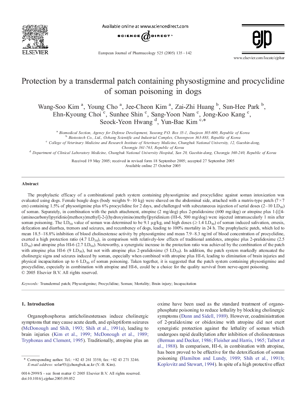 Protection by a transdermal patch containing physostigmine and procyclidine of soman poisoning in dogs