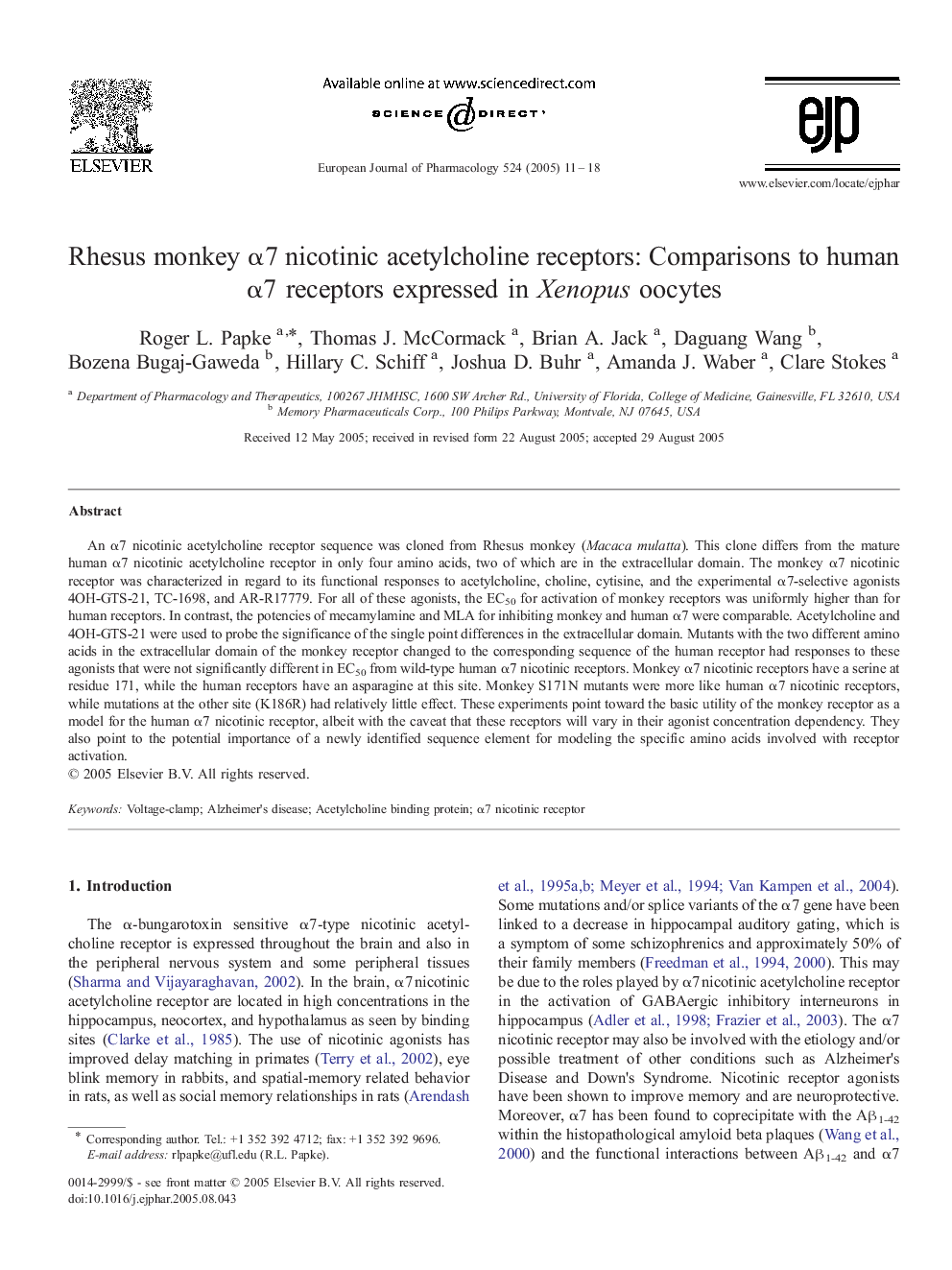 Rhesus monkey Î±7 nicotinic acetylcholine receptors: Comparisons to human Î±7 receptors expressed in Xenopus oocytes