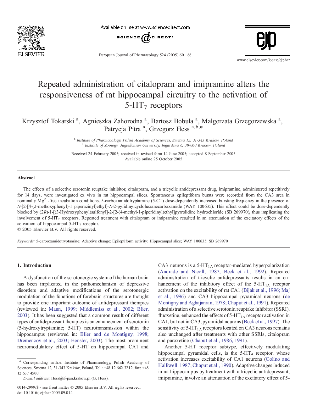 Repeated administration of citalopram and imipramine alters the responsiveness of rat hippocampal circuitry to the activation of 5-HT7 receptors