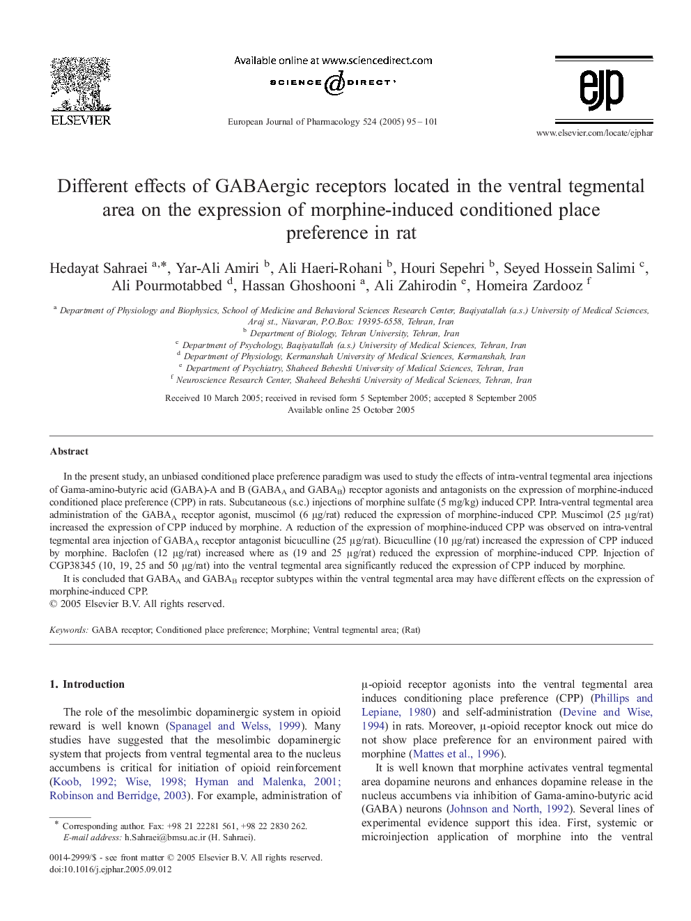 Different effects of GABAergic receptors located in the ventral tegmental area on the expression of morphine-induced conditioned place preference in rat