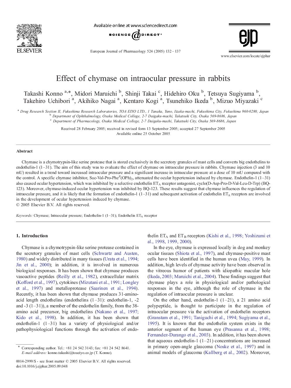 Effect of chymase on intraocular pressure in rabbits