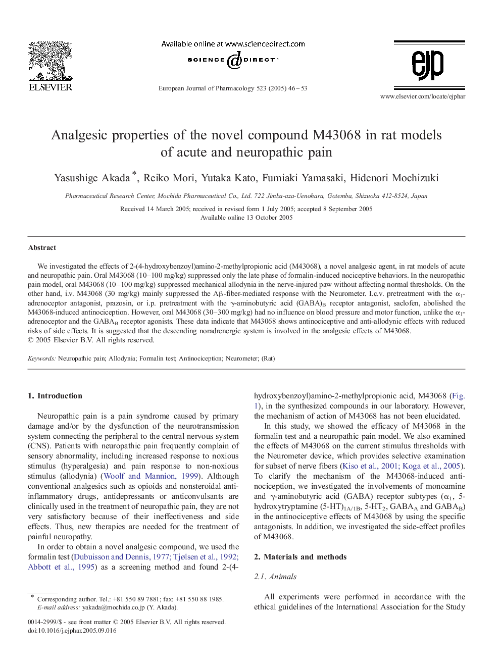 Analgesic properties of the novel compound M43068 in rat models of acute and neuropathic pain