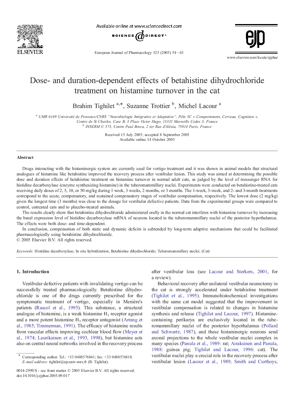 Dose- and duration-dependent effects of betahistine dihydrochloride treatment on histamine turnover in the cat