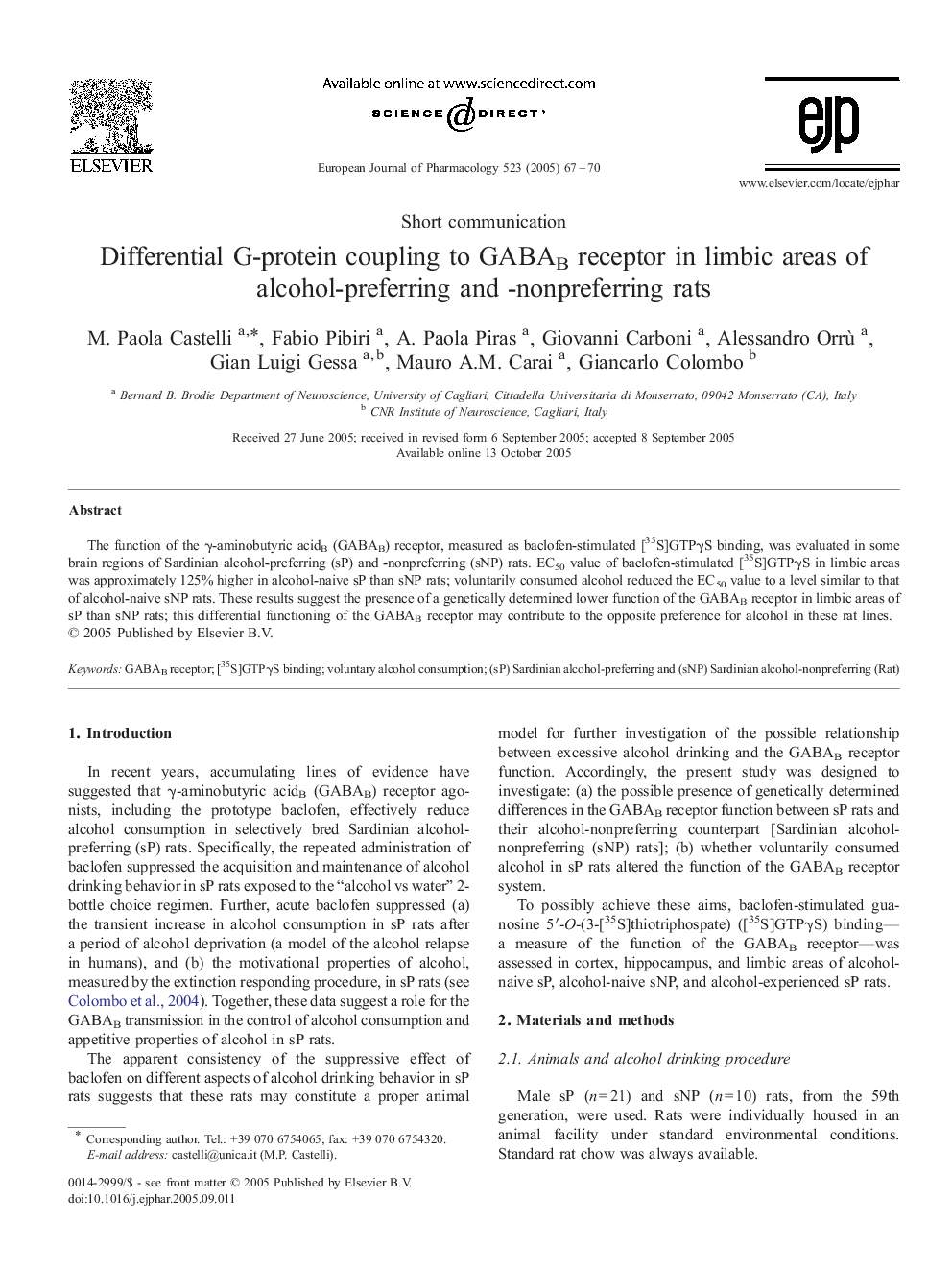 Differential G-protein coupling to GABAB receptor in limbic areas of alcohol-preferring and -nonpreferring rats