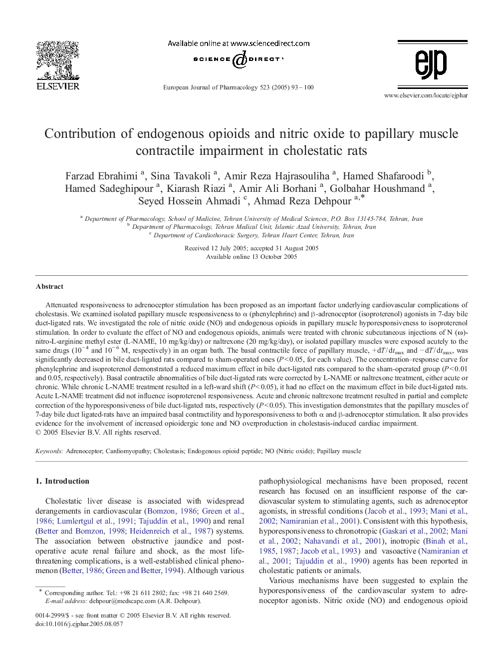 Contribution of endogenous opioids and nitric oxide to papillary muscle contractile impairment in cholestatic rats