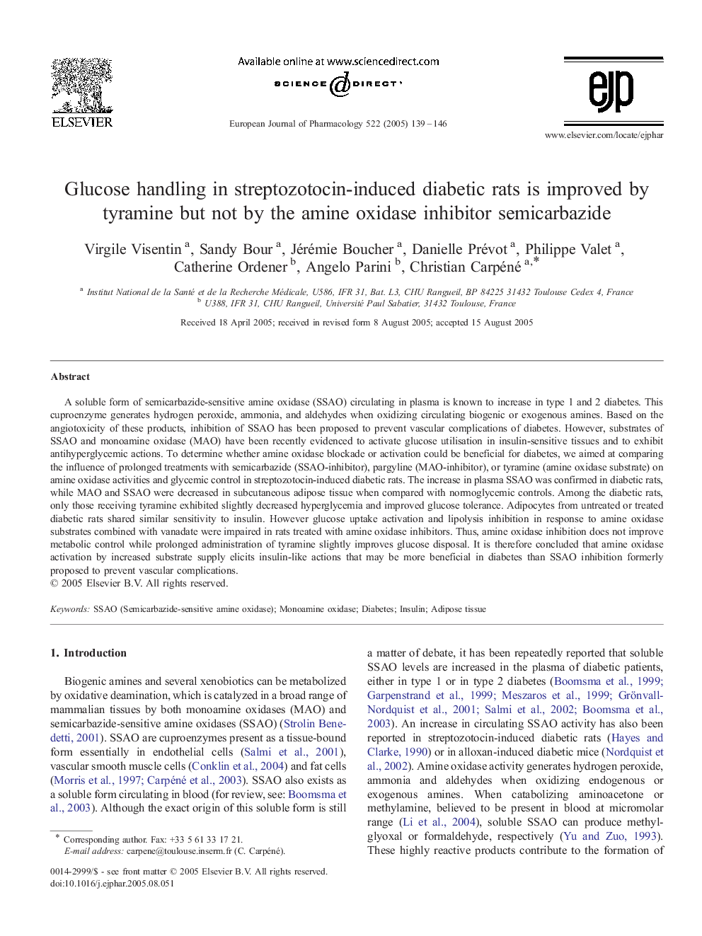 Glucose handling in streptozotocin-induced diabetic rats is improved by tyramine but not by the amine oxidase inhibitor semicarbazide