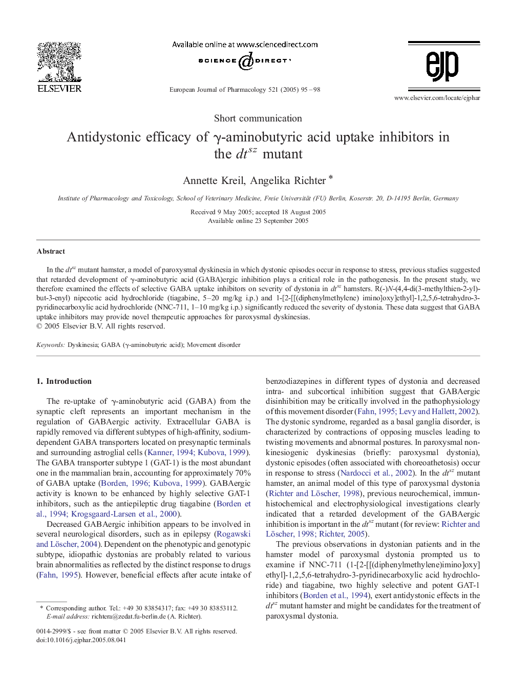 Antidystonic efficacy of Î³-aminobutyric acid uptake inhibitors in the dtsz mutant