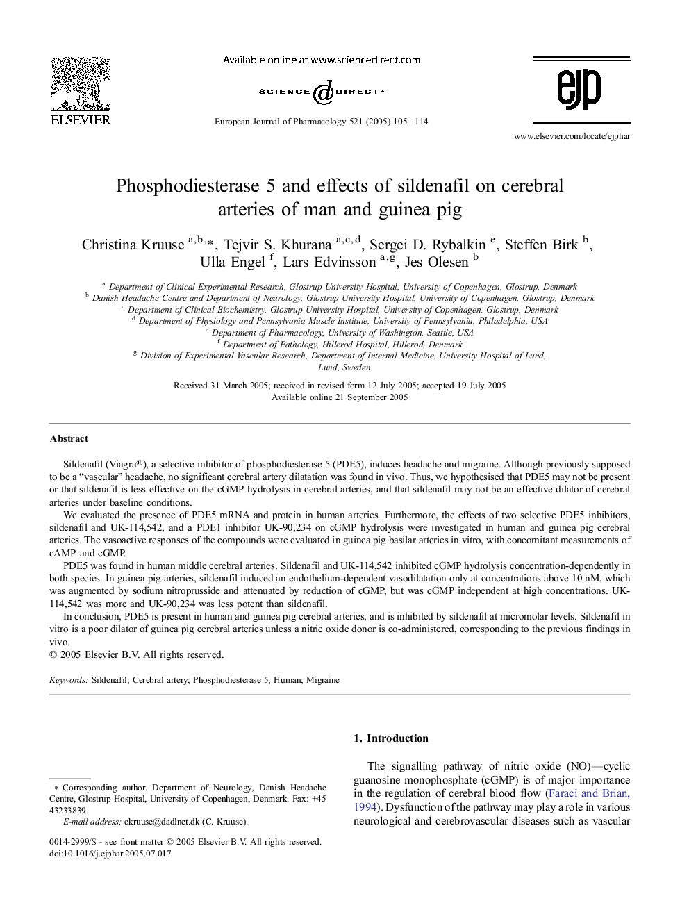 Phosphodiesterase 5 and effects of sildenafil on cerebral arteries of man and guinea pig