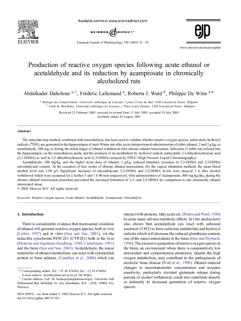 Production of reactive oxygen species following acute ethanol or acetaldehyde and its reduction by acamprosate in chronically alcoholized rats