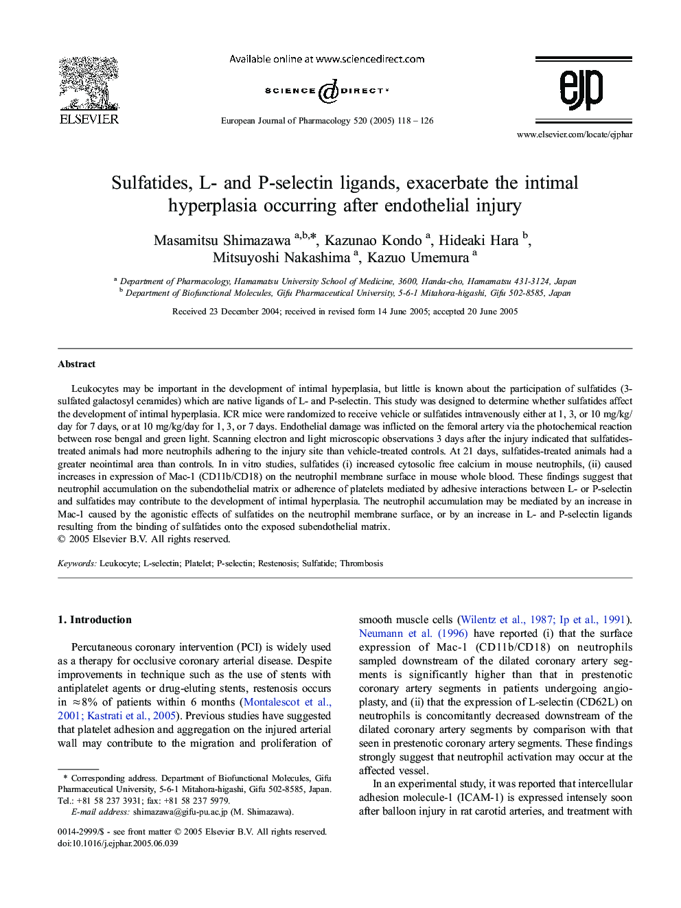 Sulfatides, L- and P-selectin ligands, exacerbate the intimal hyperplasia occurring after endothelial injury