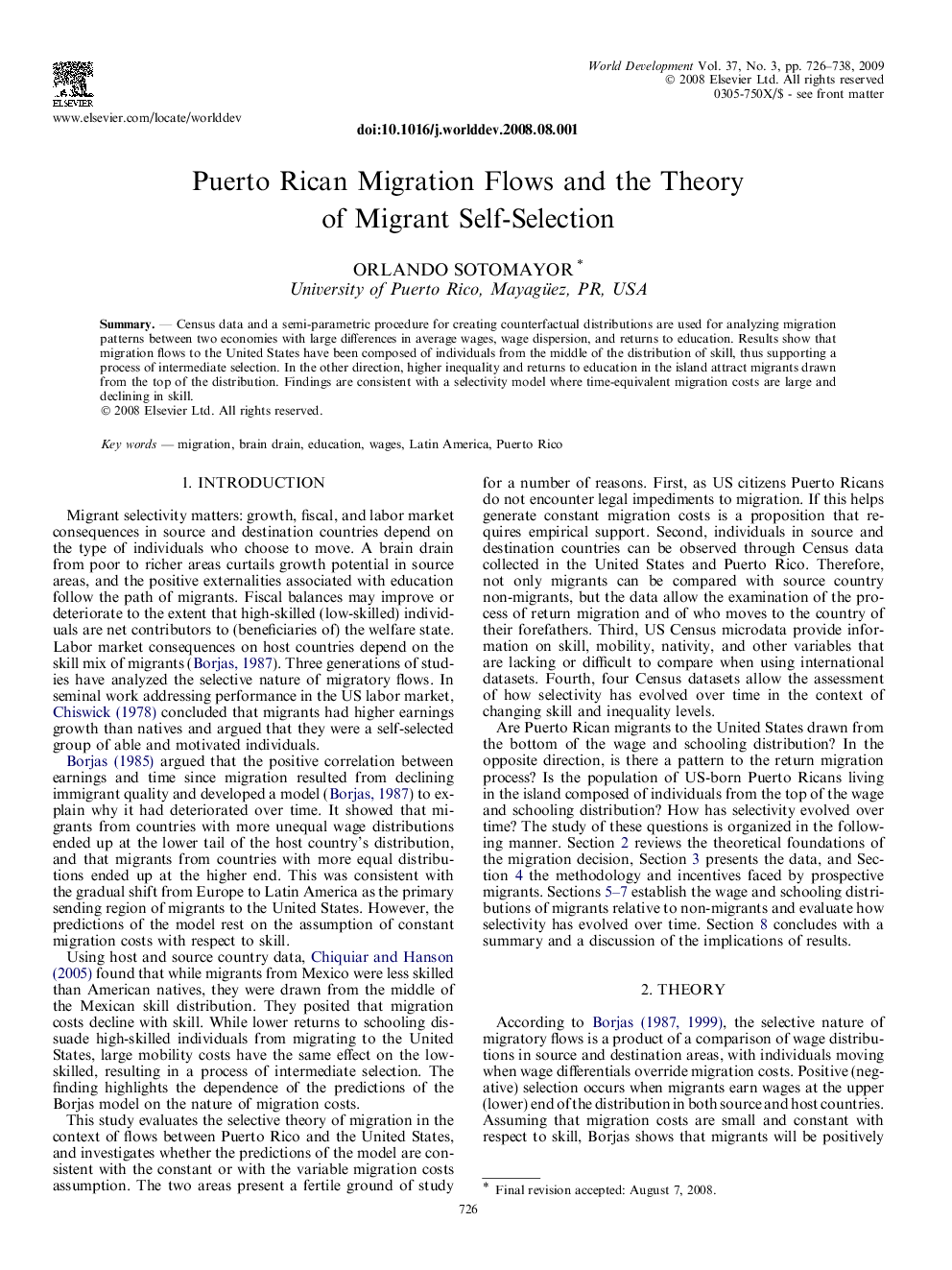 Puerto Rican Migration Flows and the Theory of Migrant Self-Selection