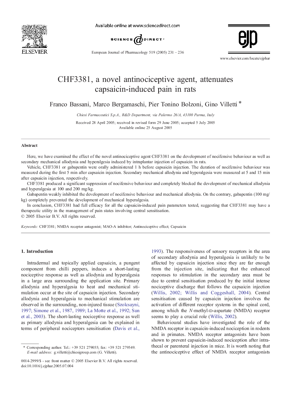 CHF3381, a novel antinociceptive agent, attenuates capsaicin-induced pain in rats