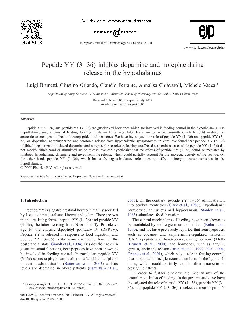 Peptide YY (3-36) inhibits dopamine and norepinephrine release in the hypothalamus