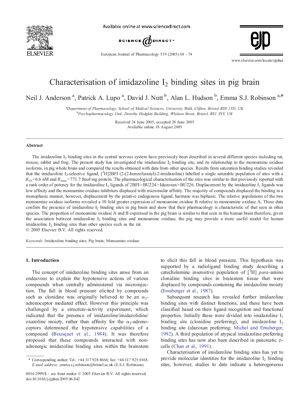 Characterisation of imidazoline I2 binding sites in pig brain