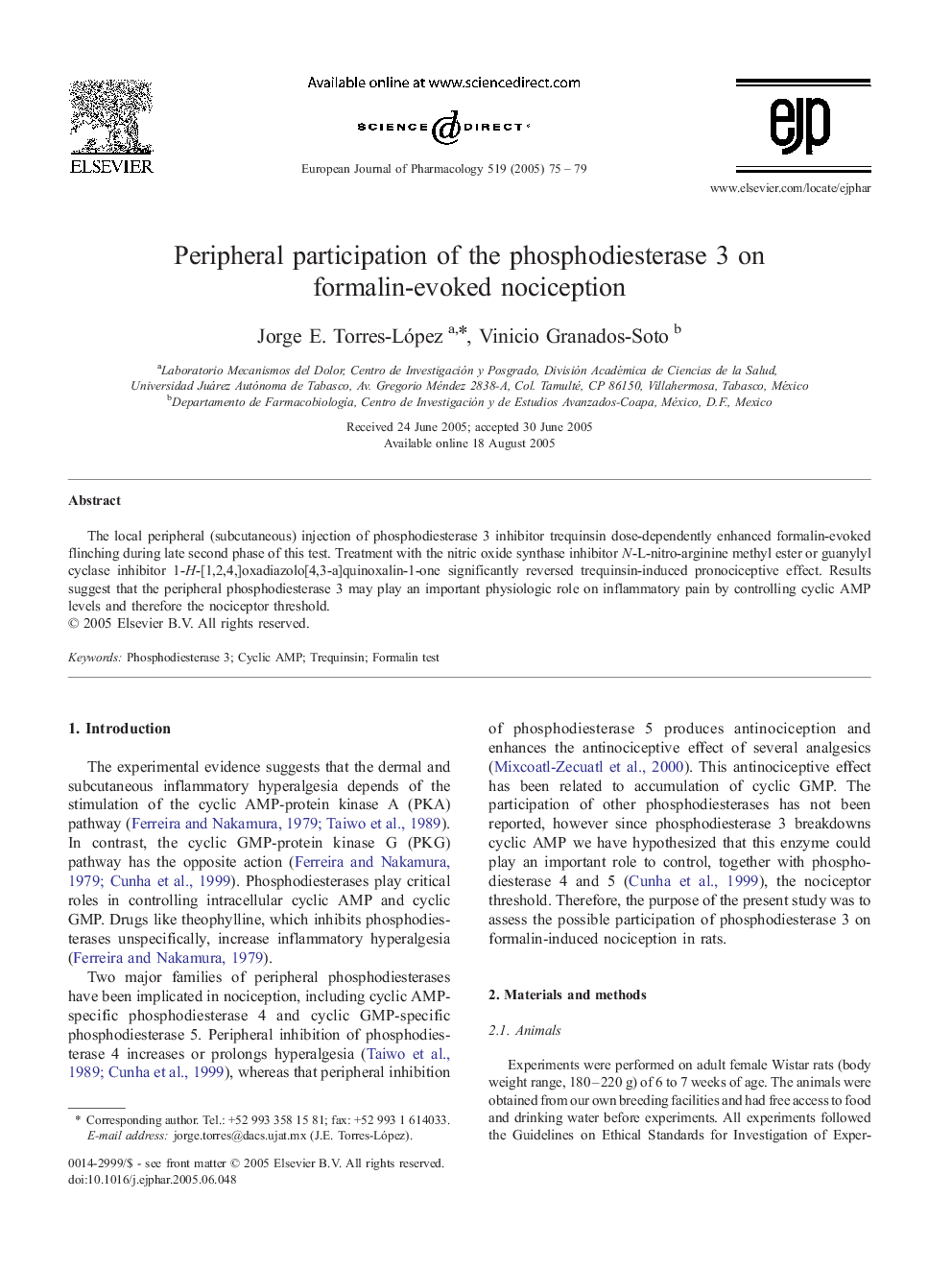 Peripheral participation of the phosphodiesterase 3 on formalin-evoked nociception