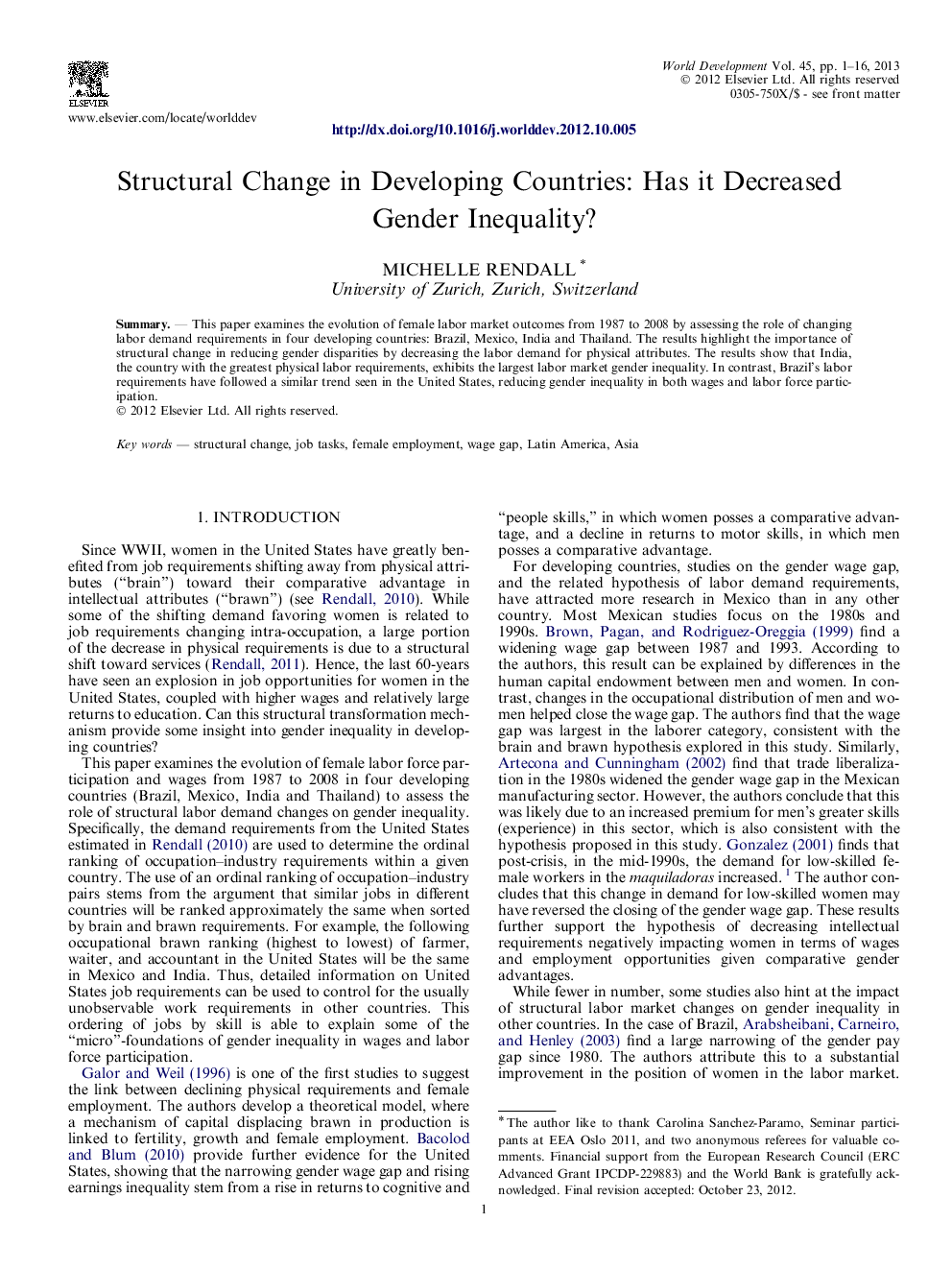 Structural Change in Developing Countries: Has it Decreased Gender Inequality?