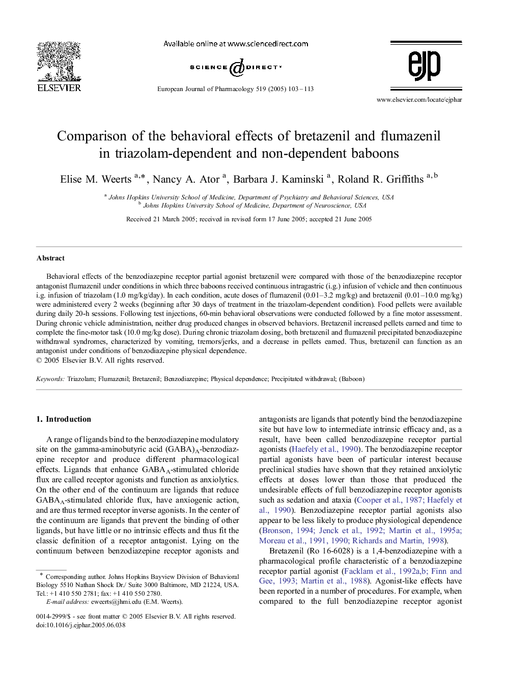 عکس صفحه اول مقاله: Comparison of the behavioral effects of bretazenil and flumazenil in triazolam-dependent and non-dependent baboons Comparison of the behavioral effects of bretazenil and flumazenil in triazolam-dependent and non-dependent baboons