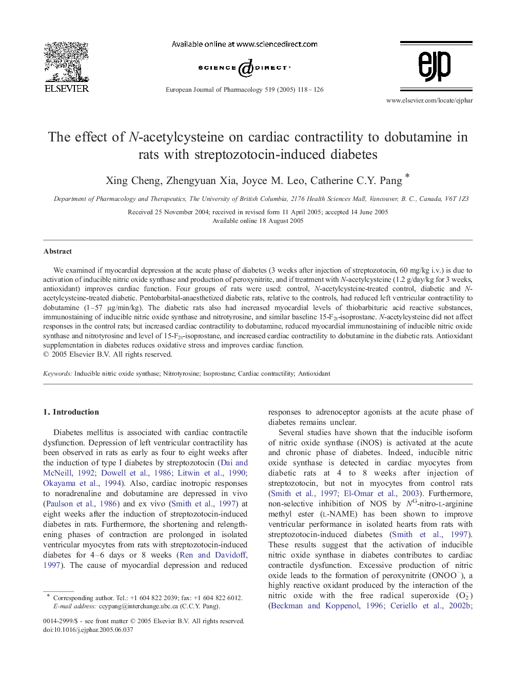 The effect of N-acetylcysteine on cardiac contractility to dobutamine in rats with streptozotocin-induced diabetes