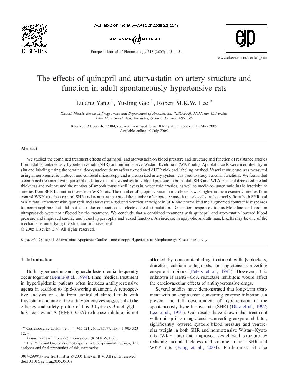 The effects of quinapril and atorvastatin on artery structure and function in adult spontaneously hypertensive rats