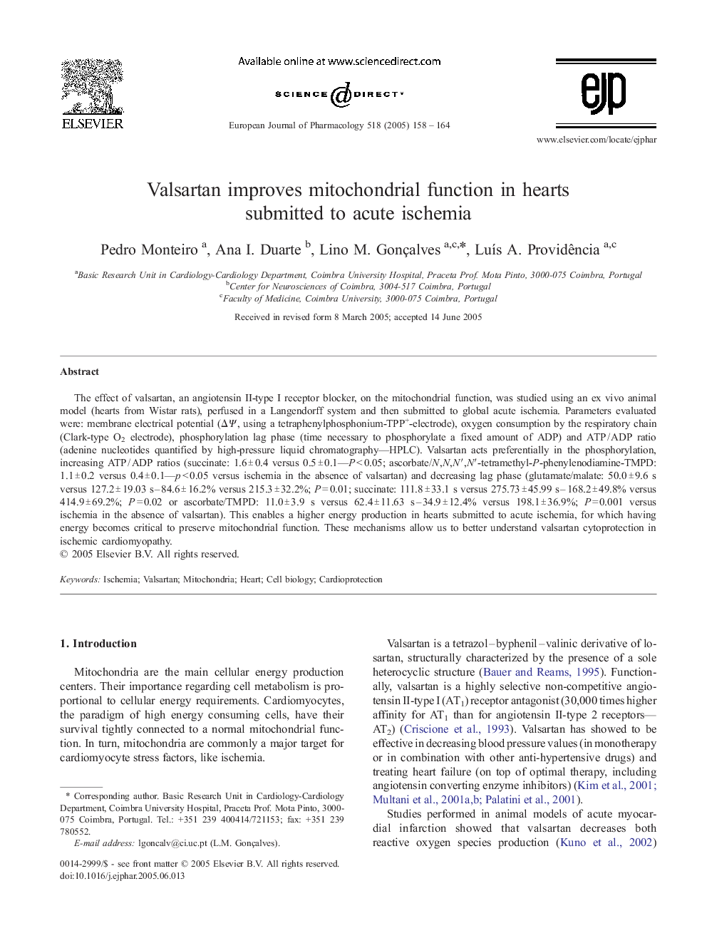 Valsartan improves mitochondrial function in hearts submitted to acute ischemia