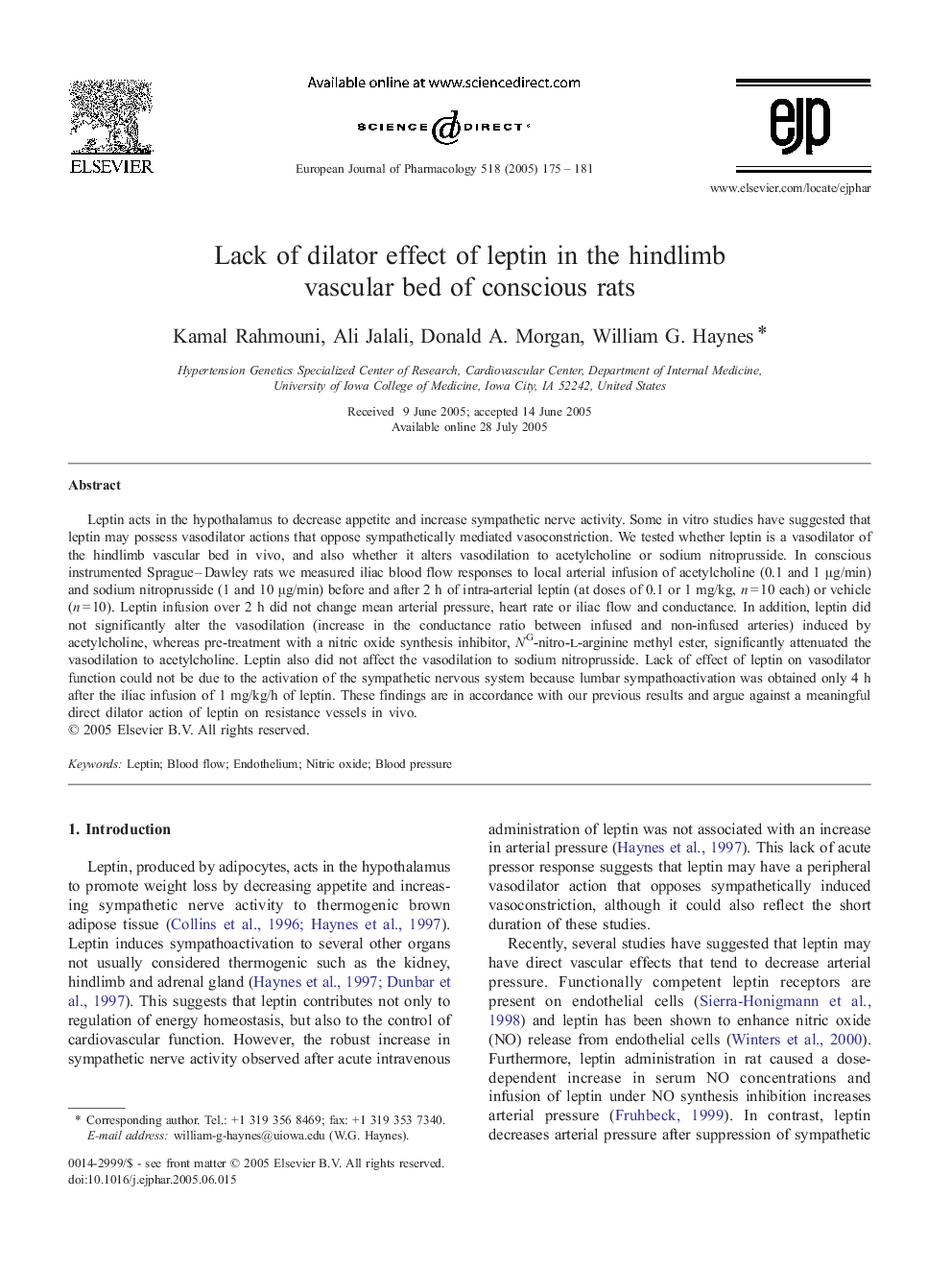 Lack of dilator effect of leptin in the hindlimb vascular bed of conscious rats