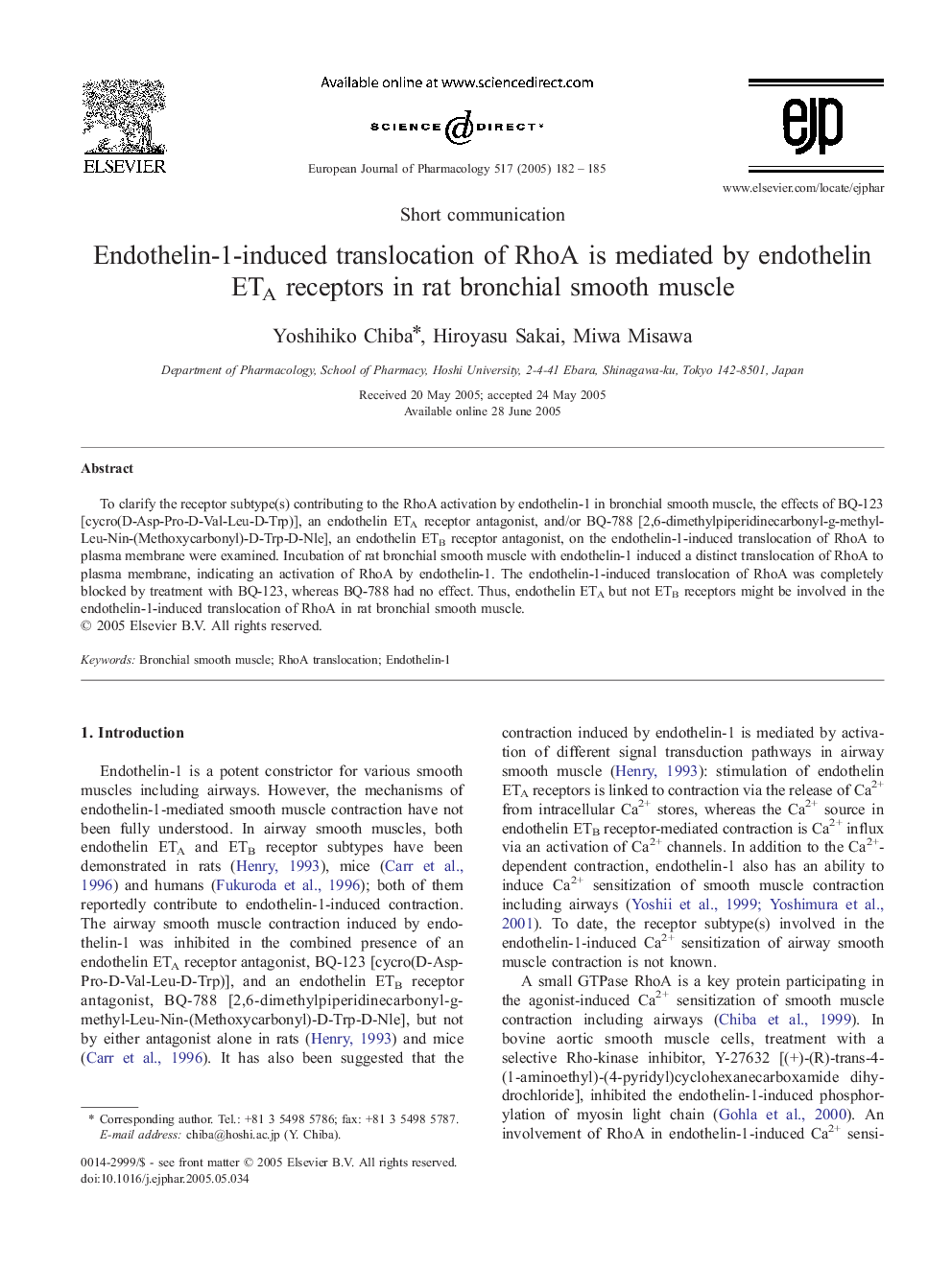 Endothelin-1-induced translocation of RhoA is mediated by endothelin ETA receptors in rat bronchial smooth muscle